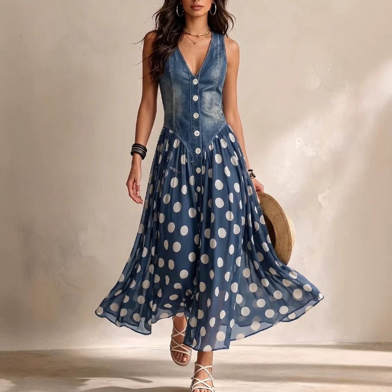 Dunkelblaues Polka-Dot Maxikleid im Denim-Look
