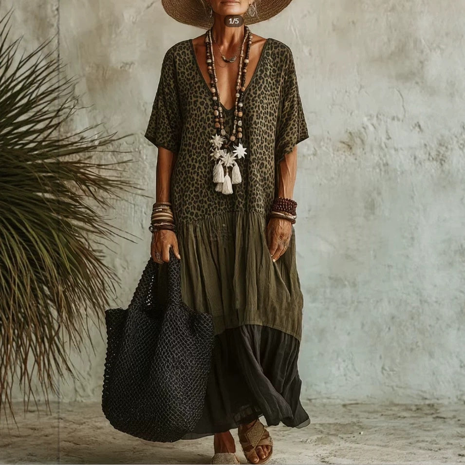 Langes Casual-Kleid mit Leo-Print und Color-Blocking – Bild 12 | LuxeStyle