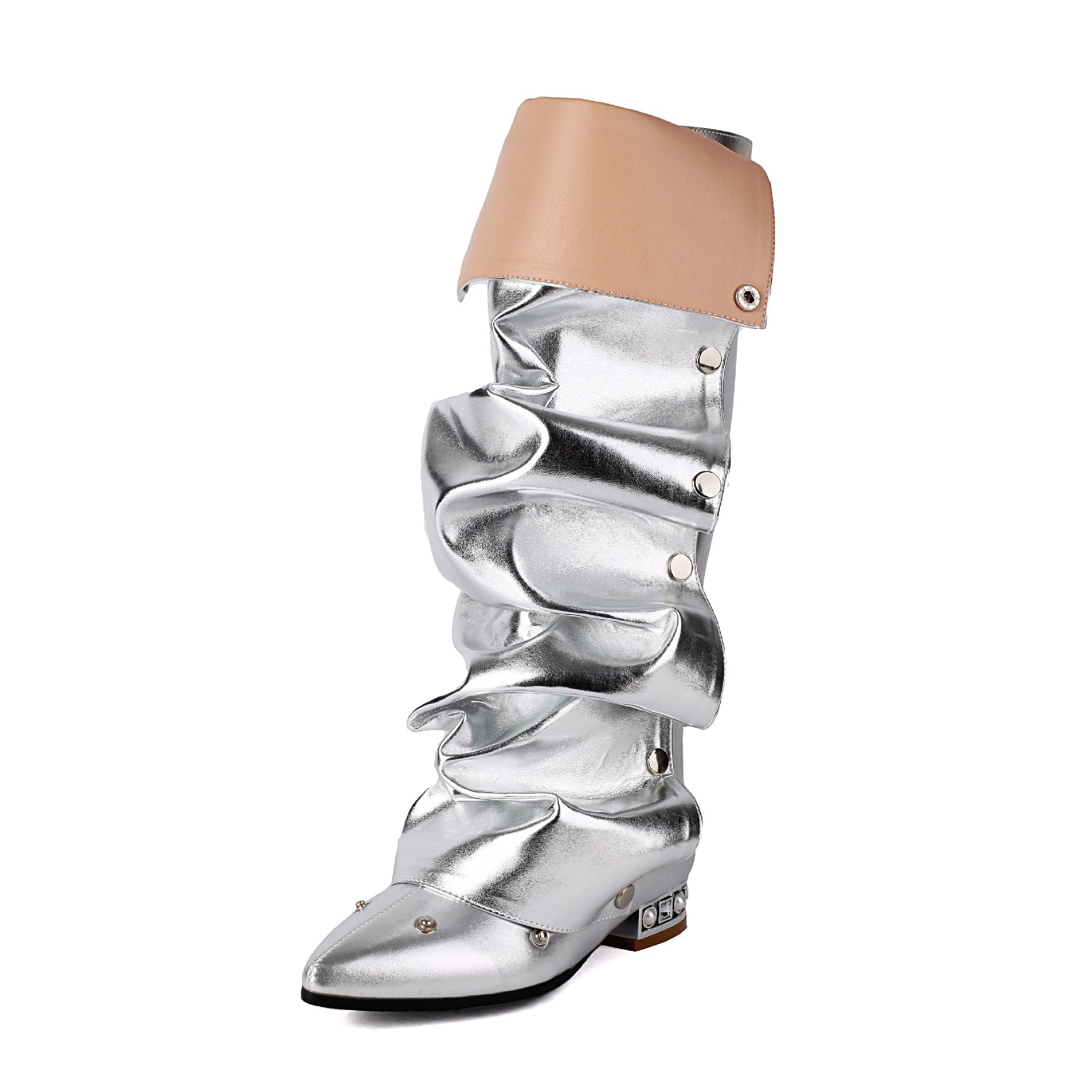 Denim-Stiefel mit Nieten und hohem Schaft