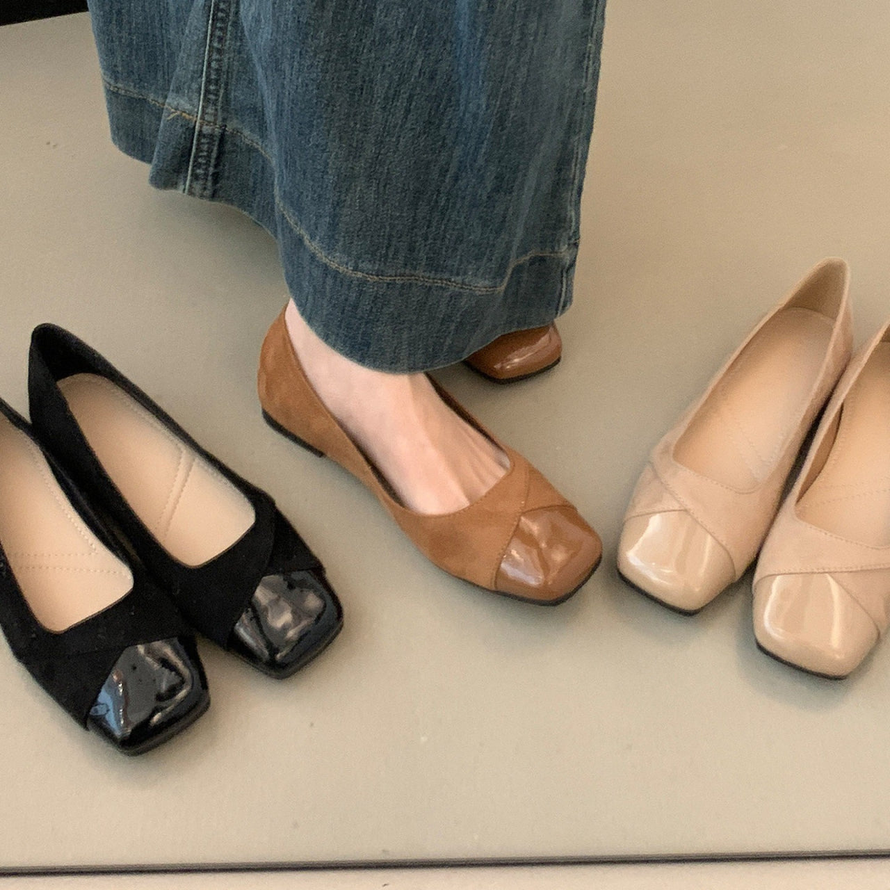 Französische Flachschuhe mit Chunky Absatz