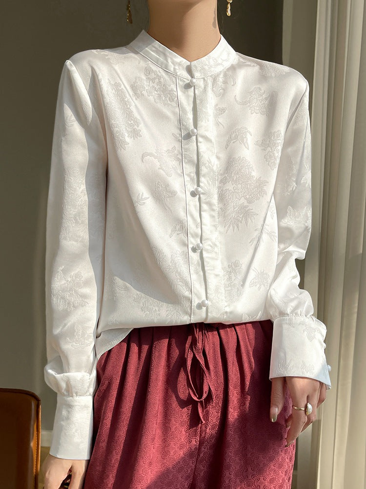 Damen-Shirt mit Mandarinenkragen und Knopfleiste – Bild 4 | LuxeStyle