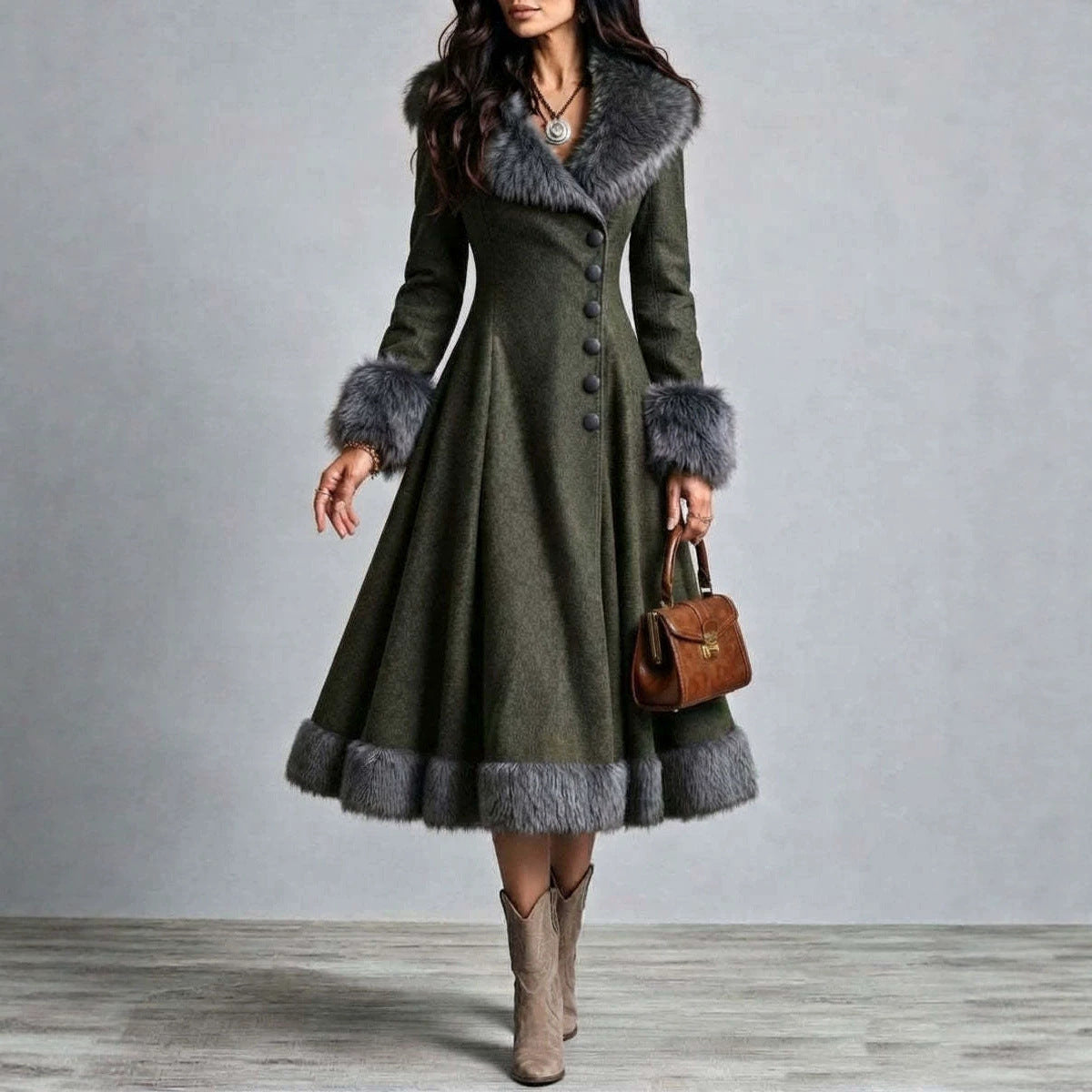 Damenkleid mit Kunstfellkragen – Bild 2 | LuxeStyle