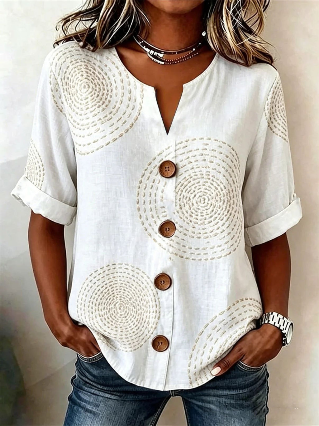Damen-Bluse mit Laternenärmeln und 3D-Druck