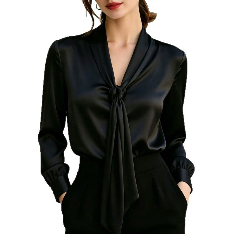Satin V-Ausschnitt Langarm-Shirt mit Knoten