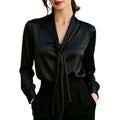 Satin V-Ausschnitt Langarm-Shirt mit Knoten