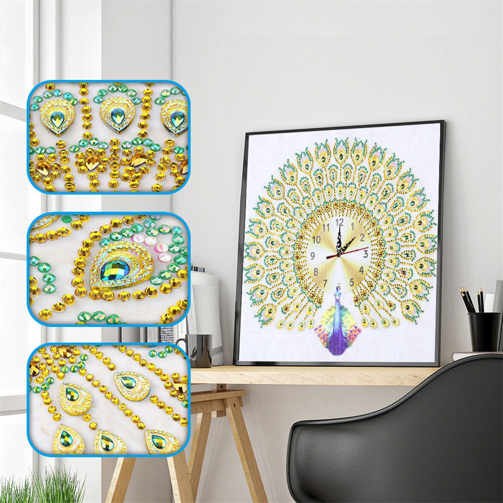 Diamant-Malerei Uhr mit Pfau-Motiv