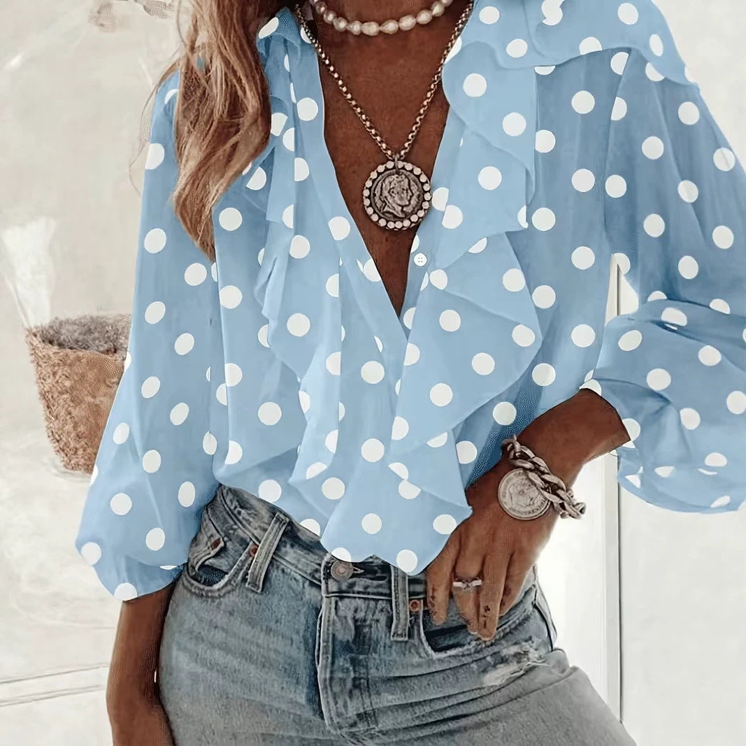Damen Polka-Dot Langarm-Shirt mit V-Ausschnitt