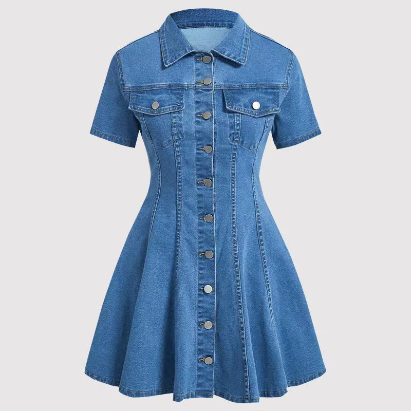 Denim-Kleid mit kurzen Ärmeln und Taillengürtel