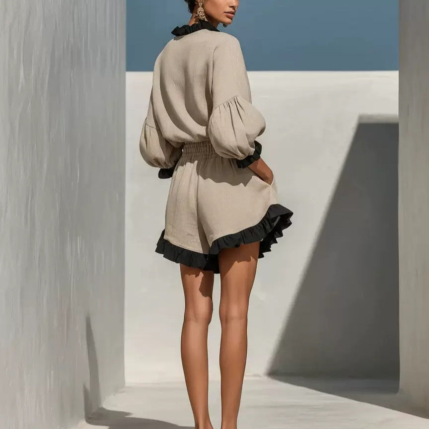 Elegantes Langarm-Top & High-Waist Shorts Set