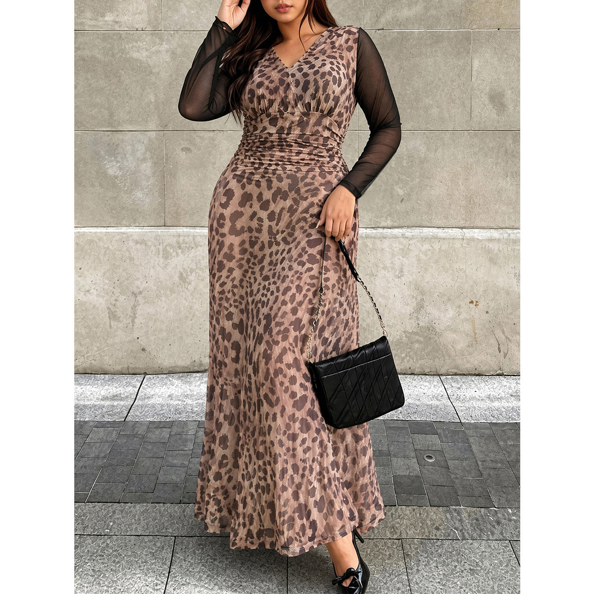 Elegantes A-Linien Mesh-Kleid mit Leo-Print
