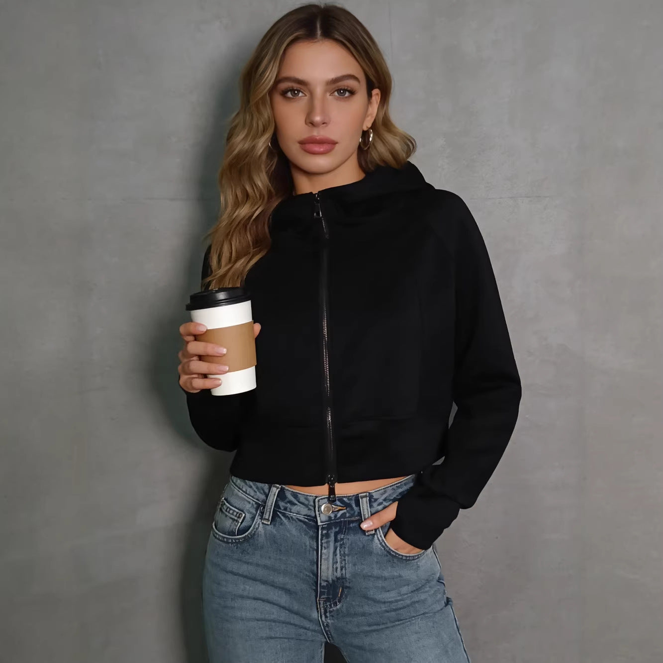 Retro Kapuzen-Sweatshirt mit Doppelreissverschluss