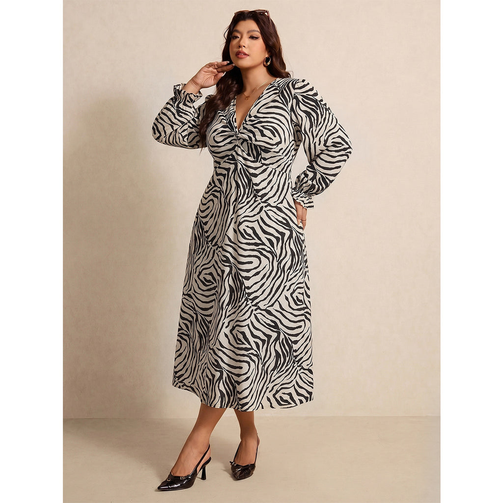 Damen V-Ausschnitt Kleid mit Knoten & Puffärmeln