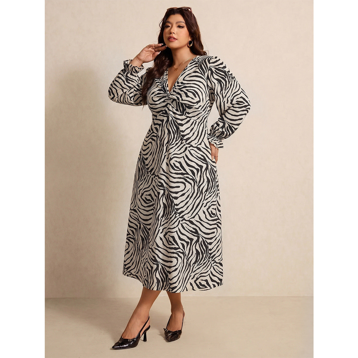 Damen V-Ausschnitt Kleid mit Knoten & Puffärmeln