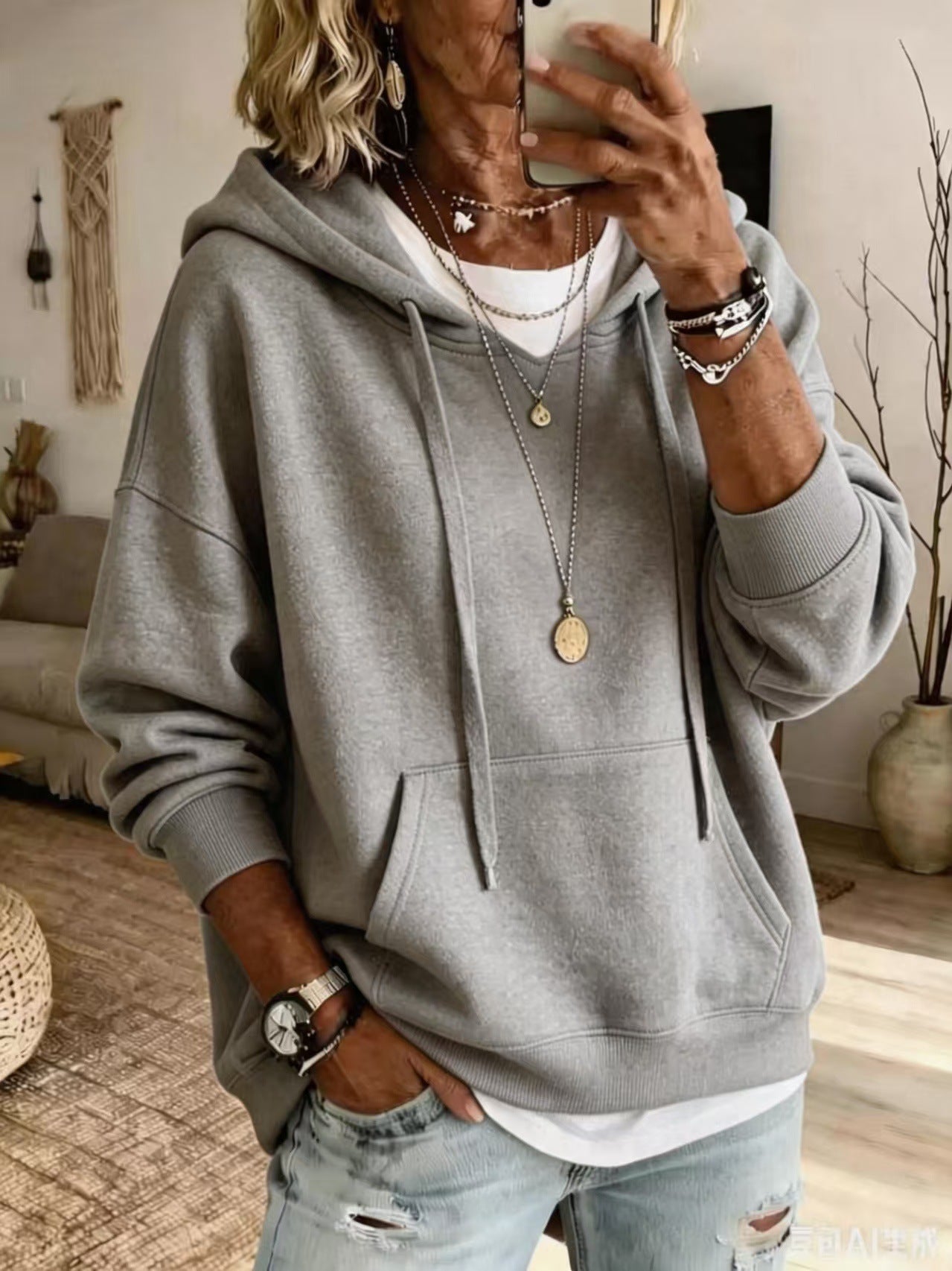 Damen Hoodie Bequem mit Taschen und Langarm
