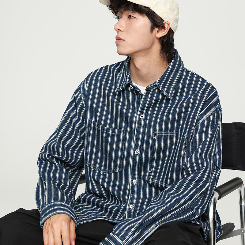 Retro Waschtes gestreiftes Langarm-Denim-Shirt – Bild 3 | LuxeStyle