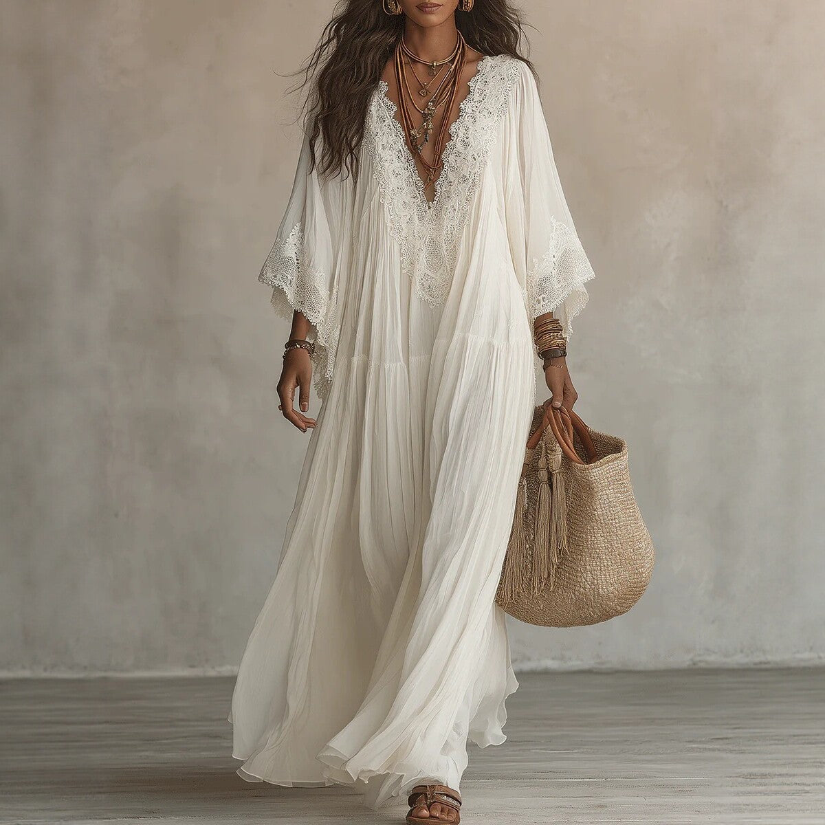 Spitzenkleid mit V-Ausschnitt & Fledermausärmeln – Bild 4 | LuxeStyle