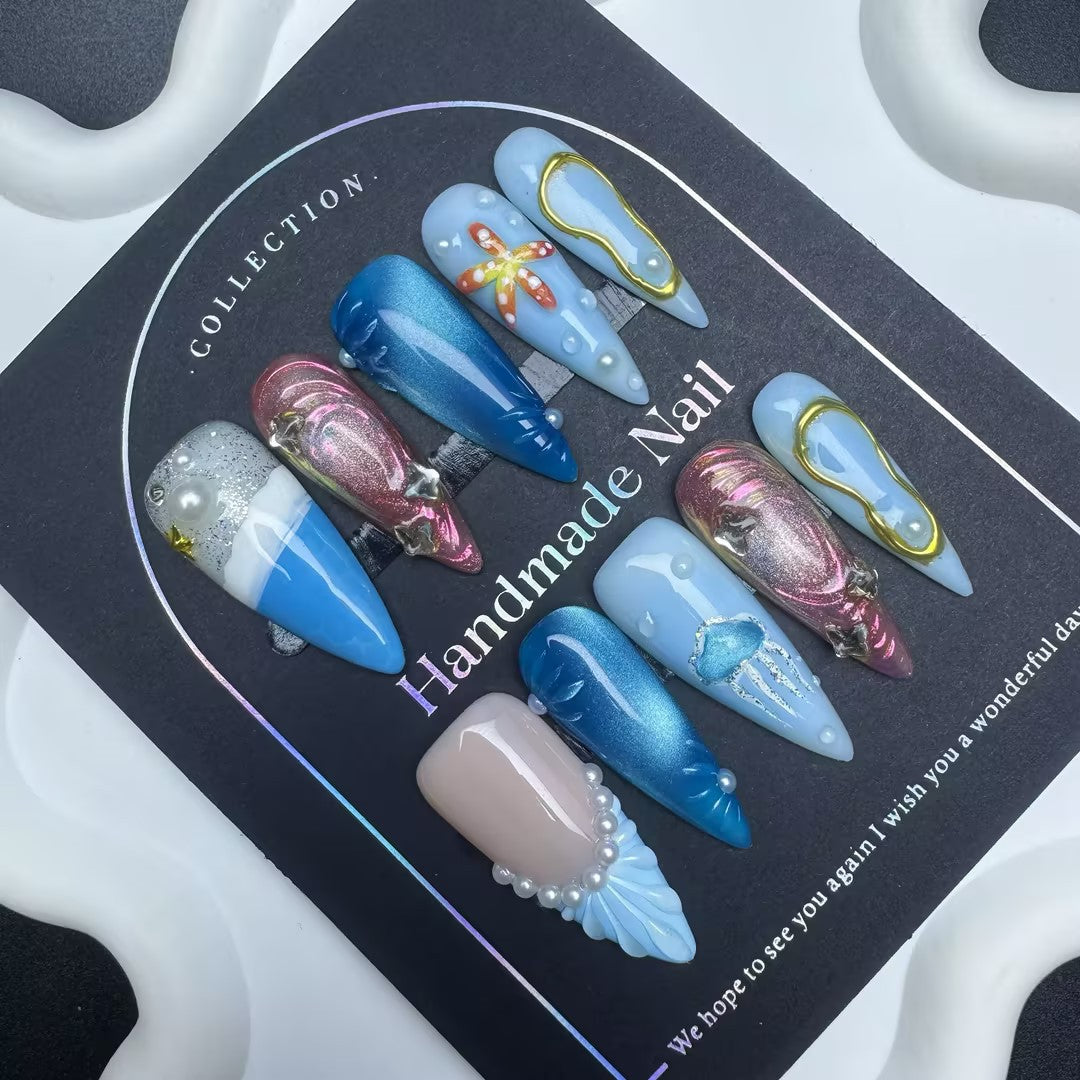 Handbemalte 3D-Nagelsticker «Meeresmuster»