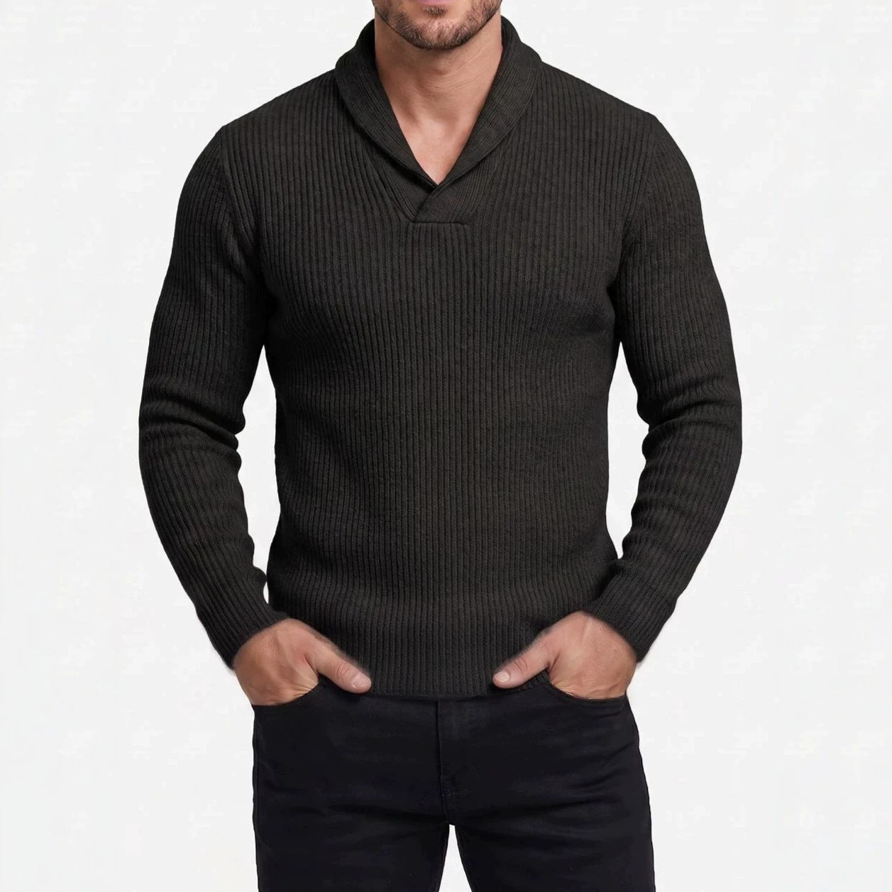 Herren V-Ausschnitt Strickpullover Langarm Slim Fit