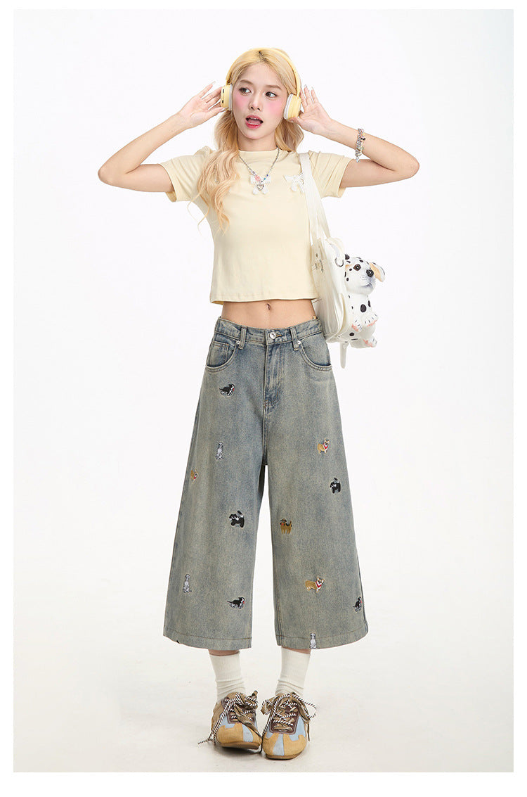 Bestickte Denim-Shorts mit Welpen-Design