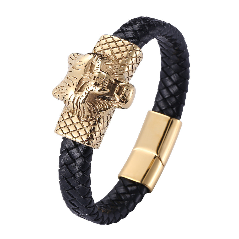 Schwarzes Lederarmband mit Wolf-Design – Bild 2 | LuxeStyle