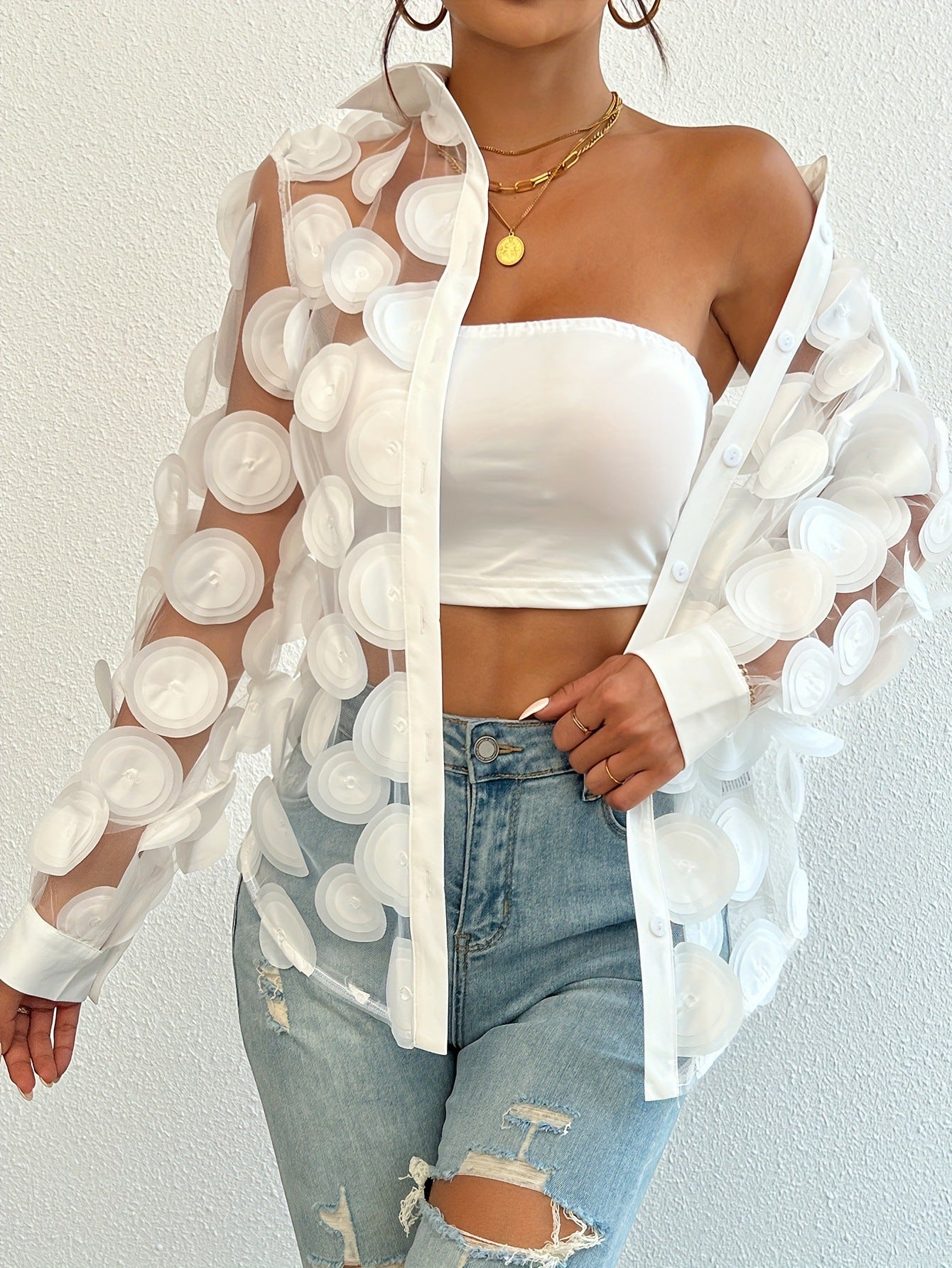 2-teilige Mesh-Bluse «Résille» – Langarm mit Hollow-out