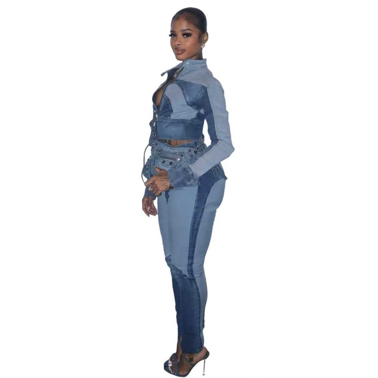 Patchwork Color-Block Denim Zweiteiler