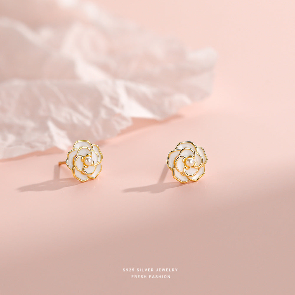 S925 Sterling Silber Camellia Perlen-Ohrstecker