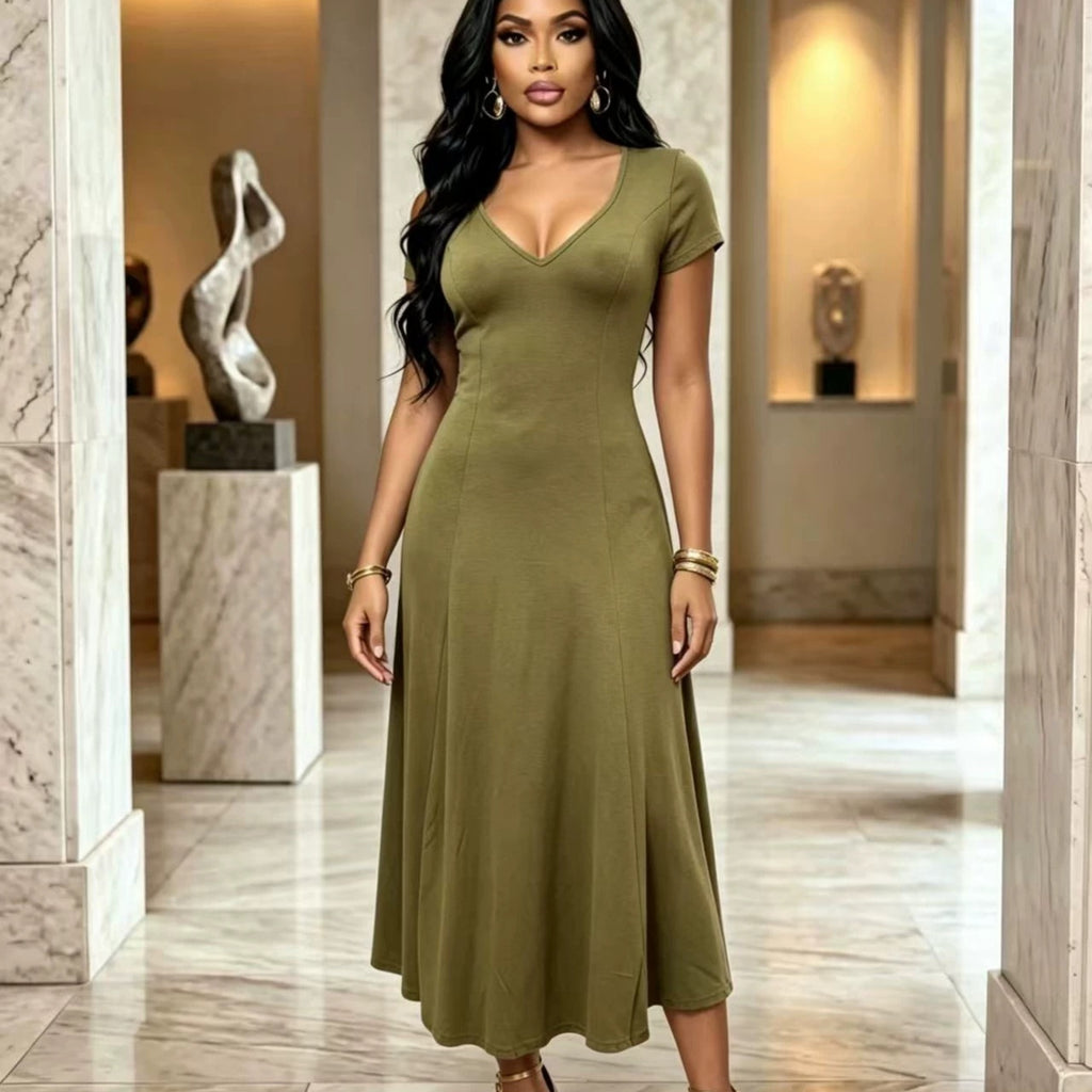 Elegantes V-Neck Maxikleid mit kurzen Ärmeln – Bild 3 | LuxeStyle