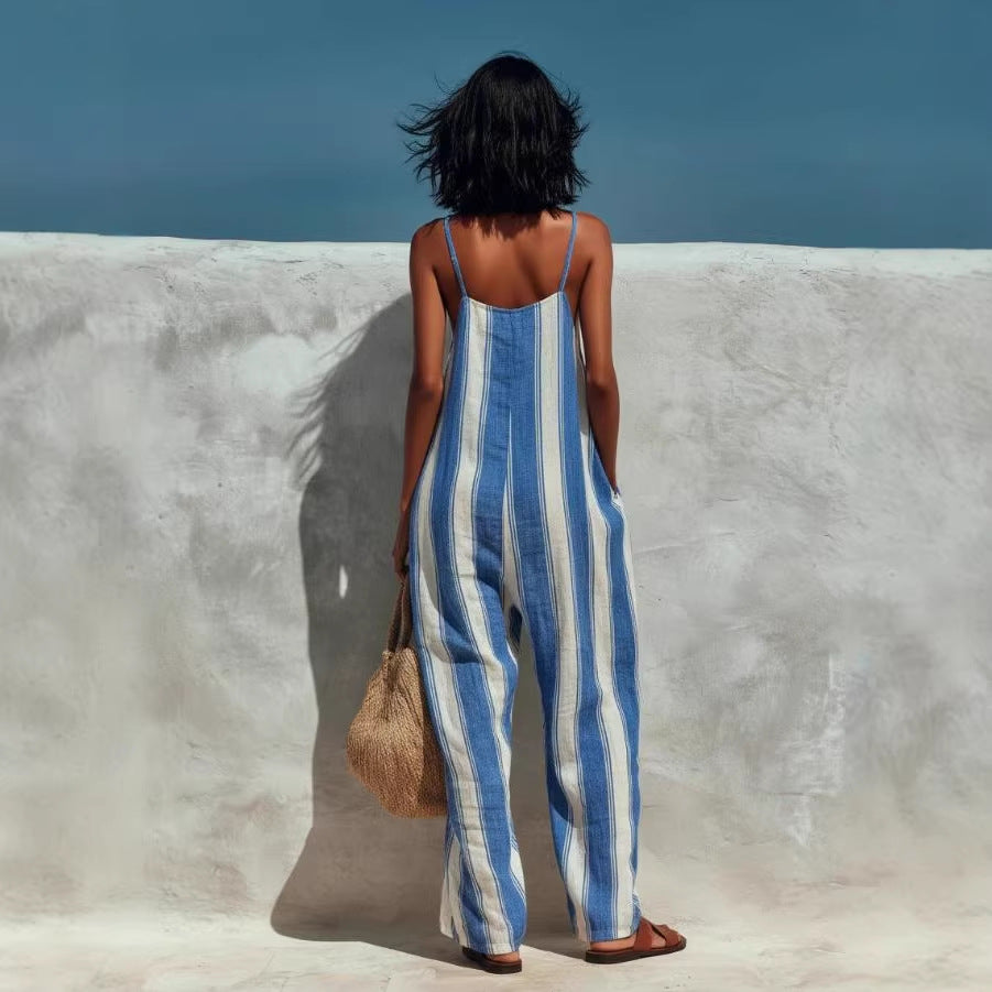 Gestreifter ärmelloser Jumpsuit mit Bindegürtel