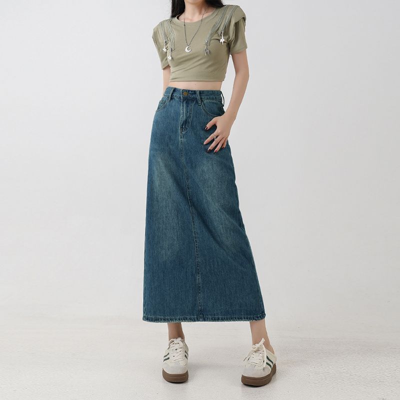 High-Waist A-Linien Midi-Jupe aus Denim – Ansicht 2