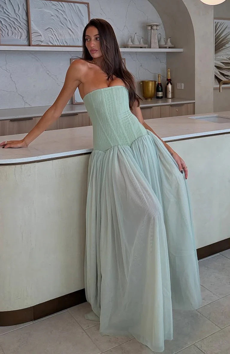 Off-Shoulder Mesh Trägerloses Maxikleid