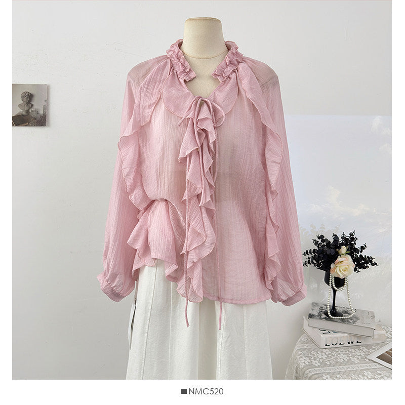Elegante V-Neck Rüschenbluse mit Laternenärmeln
