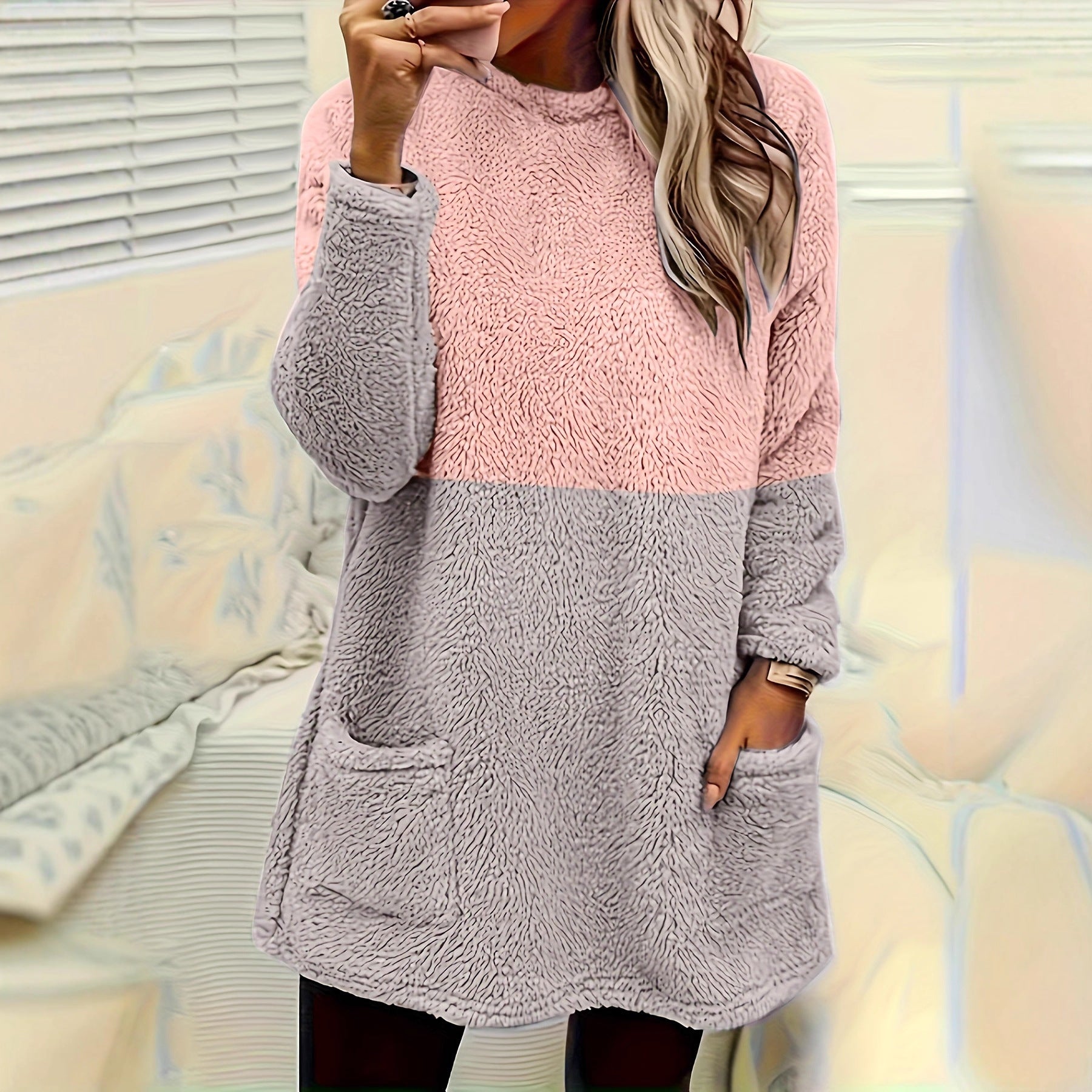 Damen Colorblock Pullover mit Rundhals und Tasche