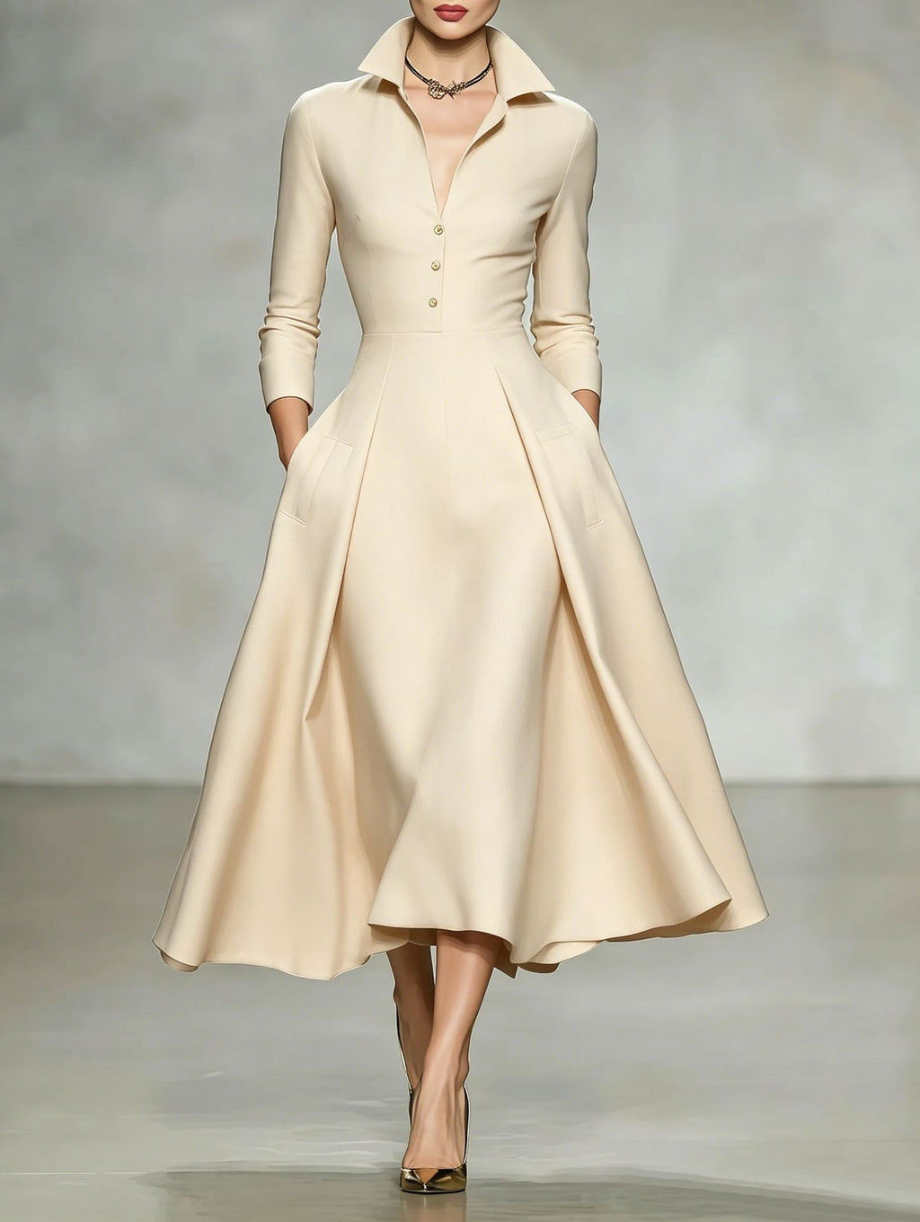 Tailliertes Langarm-Midikleid mit V-Ausschnitt