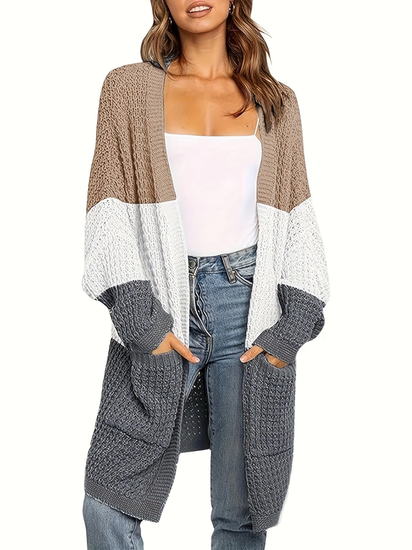 Boho Plus-Grösse Langarm Strickcardigan mit Laternenärmeln
