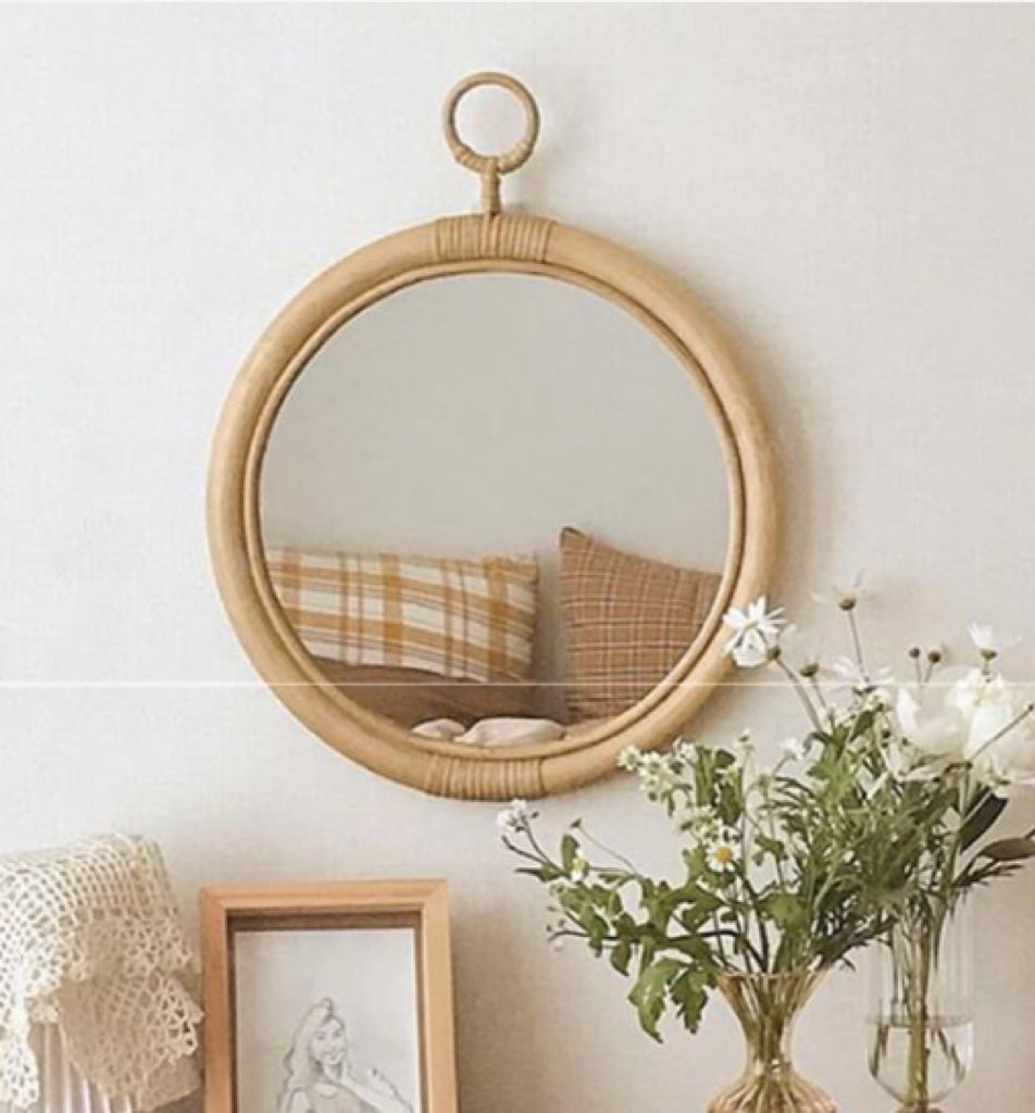 Rundes Vintage-Rattan-Make-Up-Spiegel