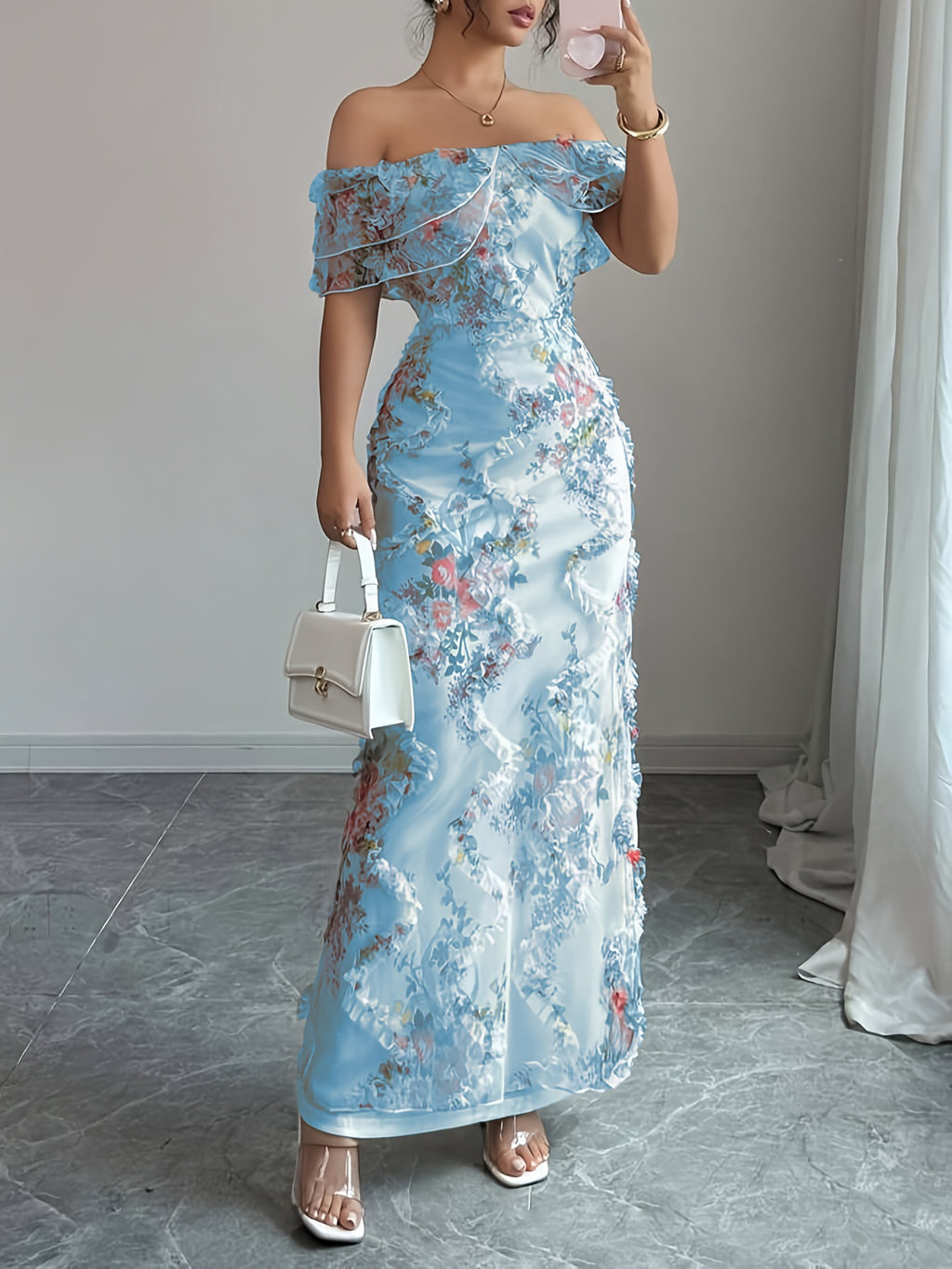 Elegantes Off-Shoulder Strickkleid mit Blumenprint – Bild 5 | LuxeStyle