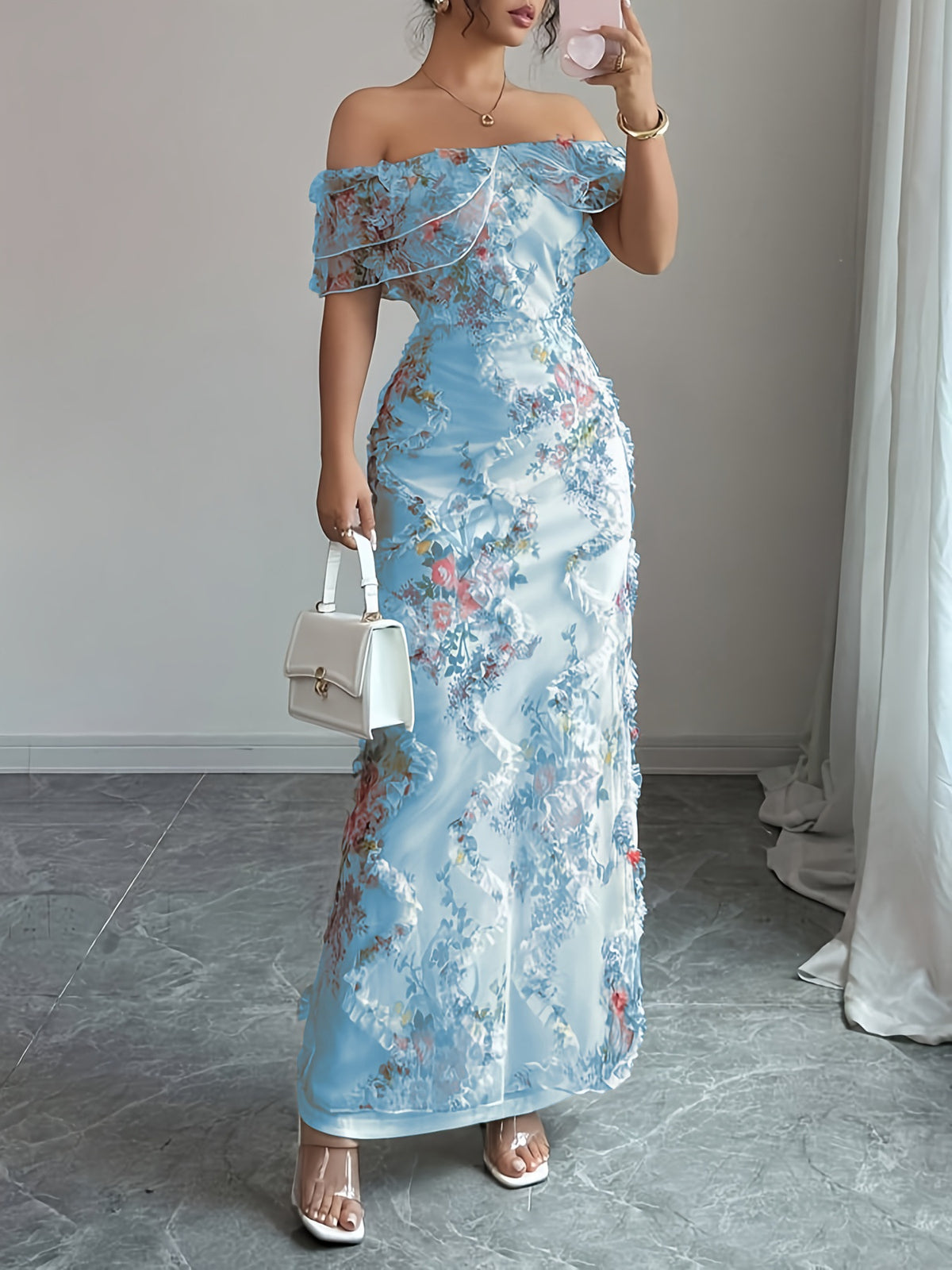 Elegantes Off-Shoulder Strickkleid mit Blumenprint – Bild 5 | LuxeStyle