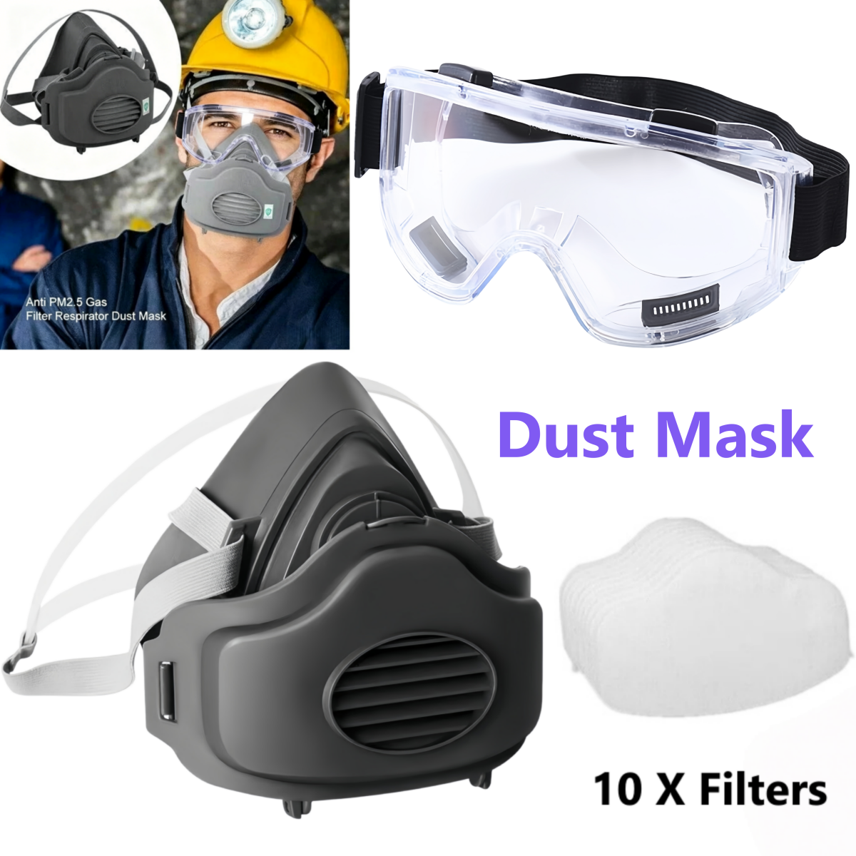 Atemschutzmaske 3200 mit 10 Filtern und Schutzbrille