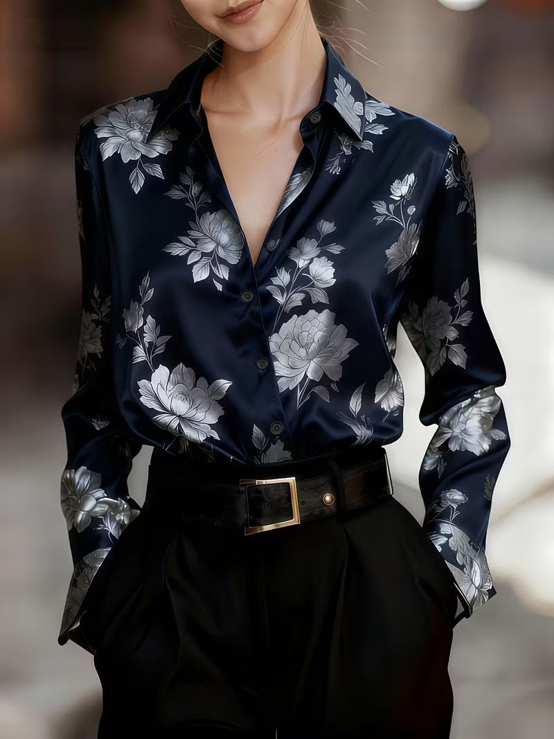 Damen Langarm-Satinhemd mit Druck | LuxeStyle