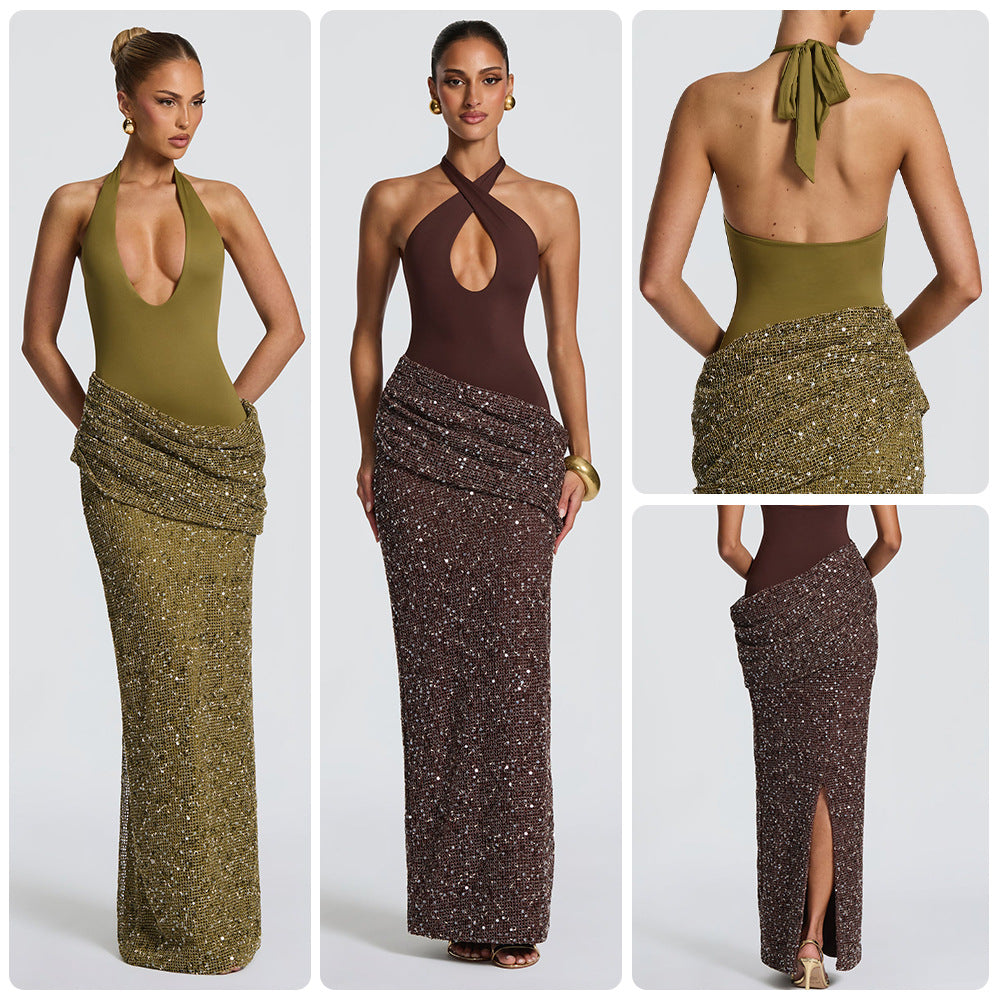 Pailletten Neckholder Maxikleid