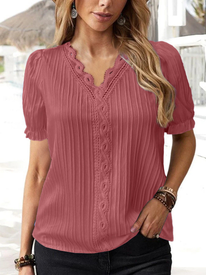 V-Ausschnitt Spitzenbluse Kurzarm – Bild 6 | LuxeStyle