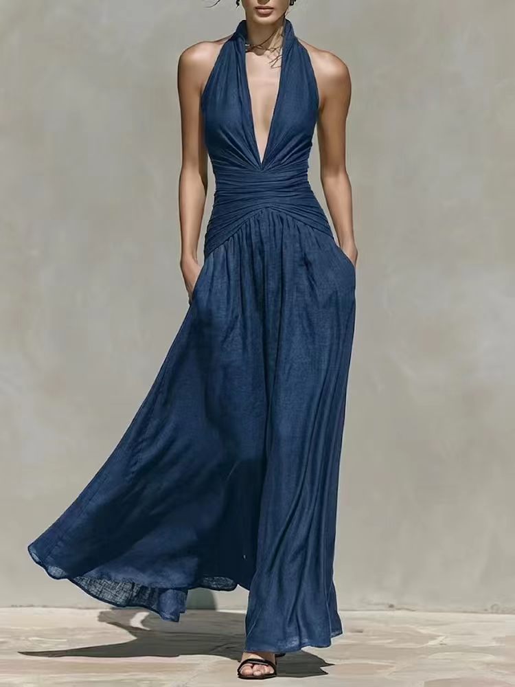 V-Ausschnitt Kleid, Taille betonend, slim-fit, weite Maxi-Rockschleppe
