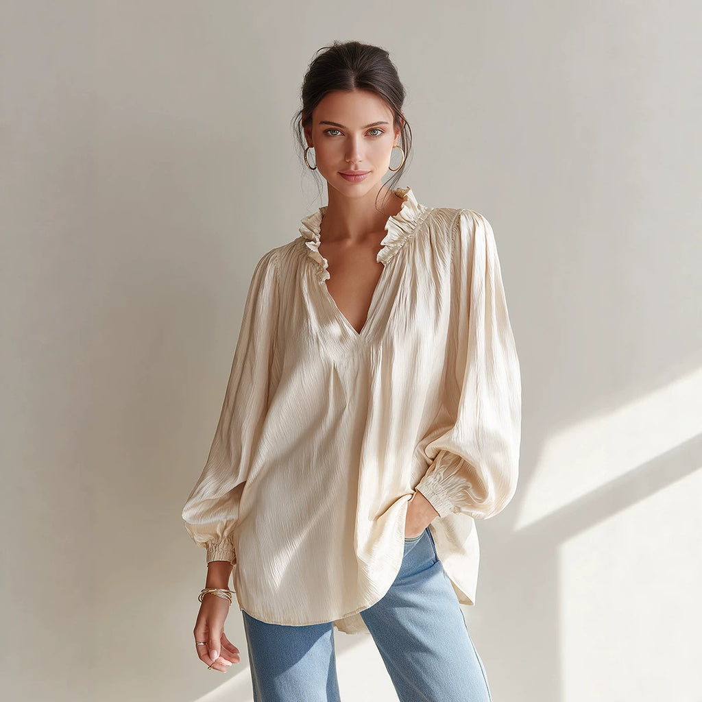 V-Neck Langarm-Top mit Ballonärmeln