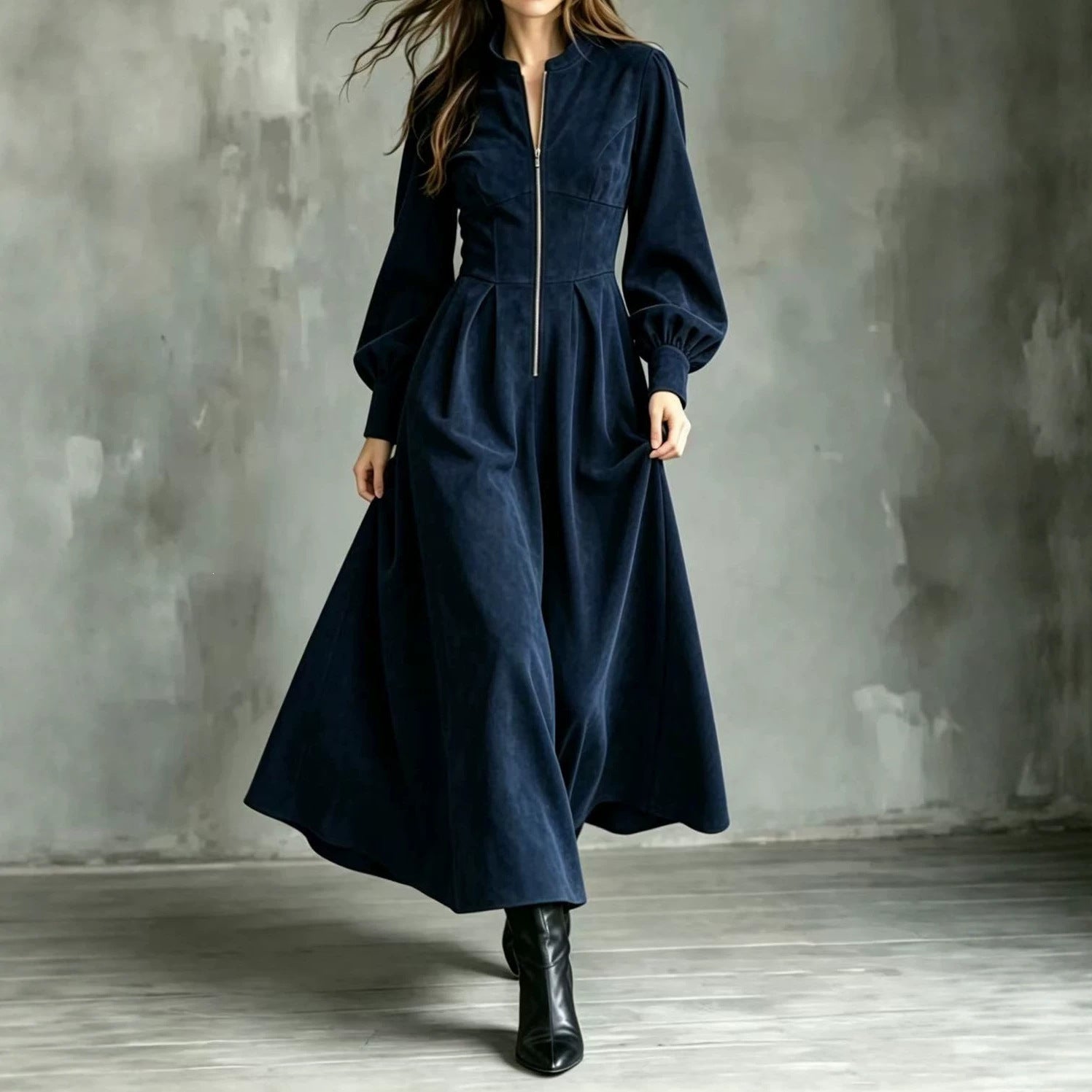 Midikleid mit Laternenärmeln und Reissverschluss