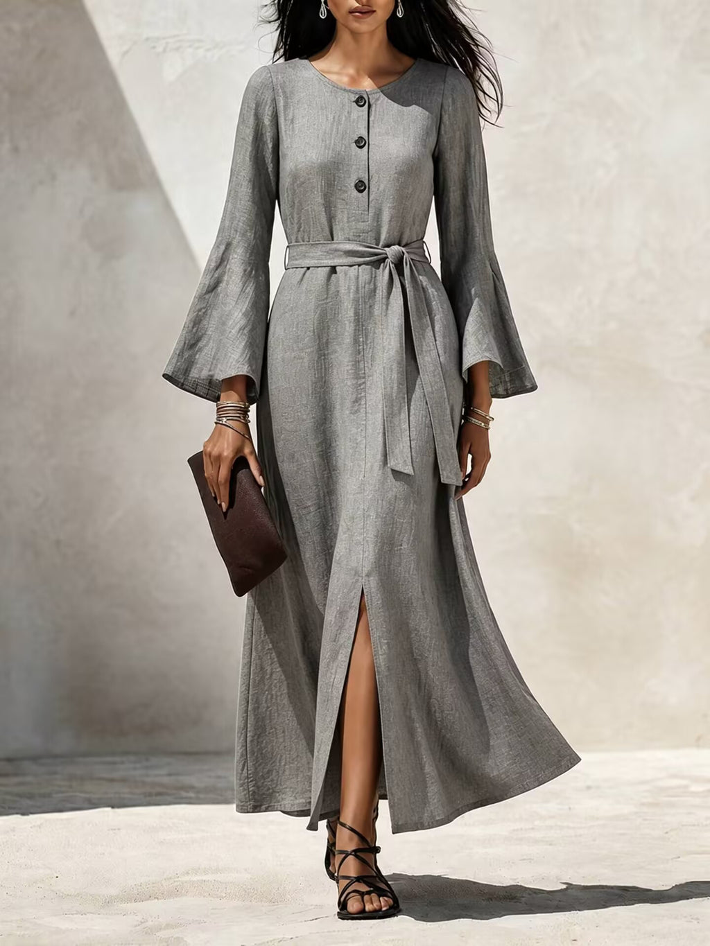 Damen Casual Leinenkleid mit ausgestellten Ärmeln