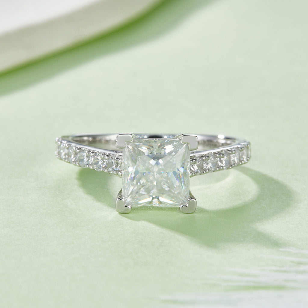 2 ct Prinzessschliff Moissanit-Ring, Pavé-Band, Platinbeschichtet, GRA
