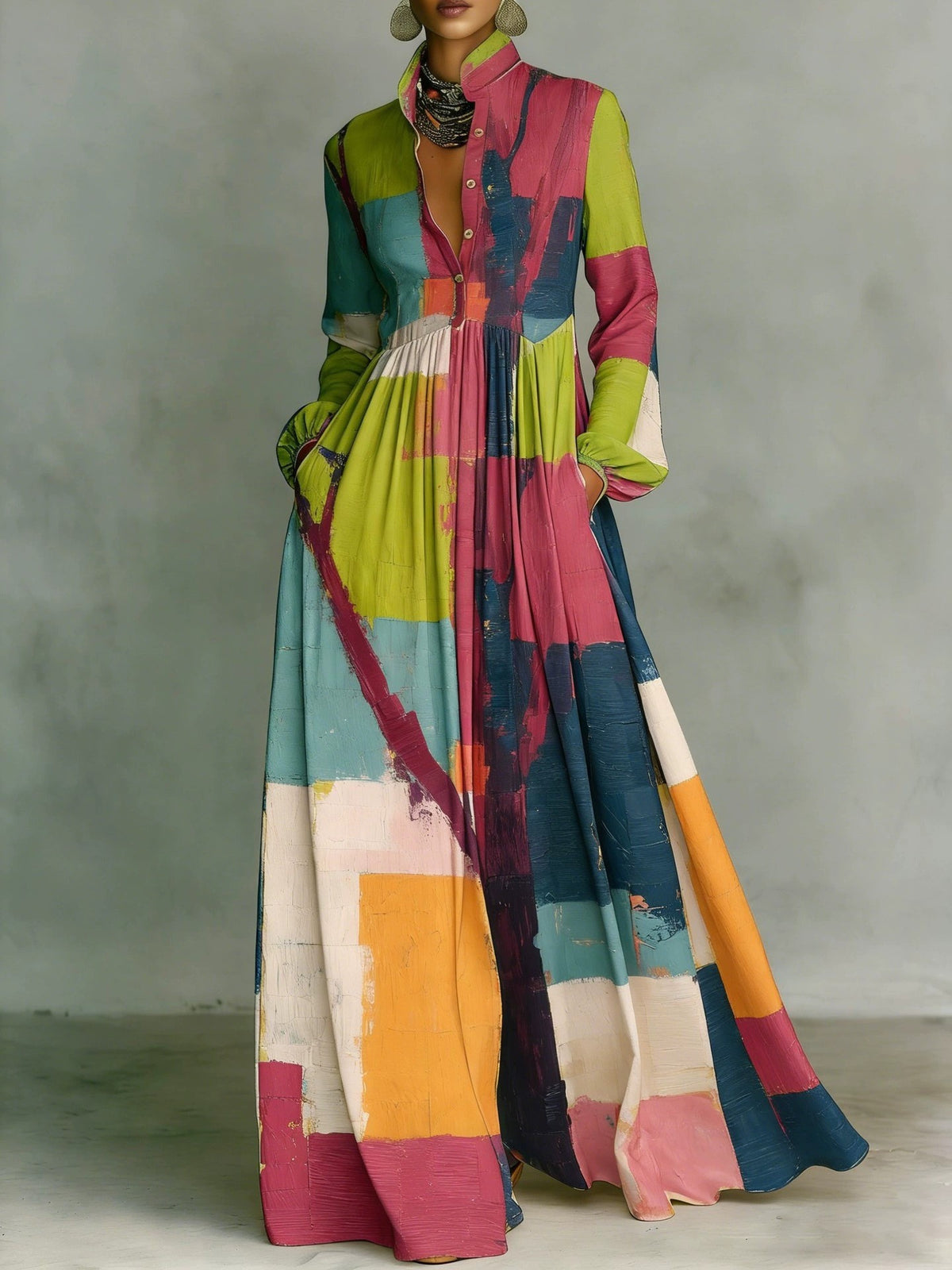 Maxikleid mit Stehkragen und Vintage-Print – Bild 13 | LuxeStyle