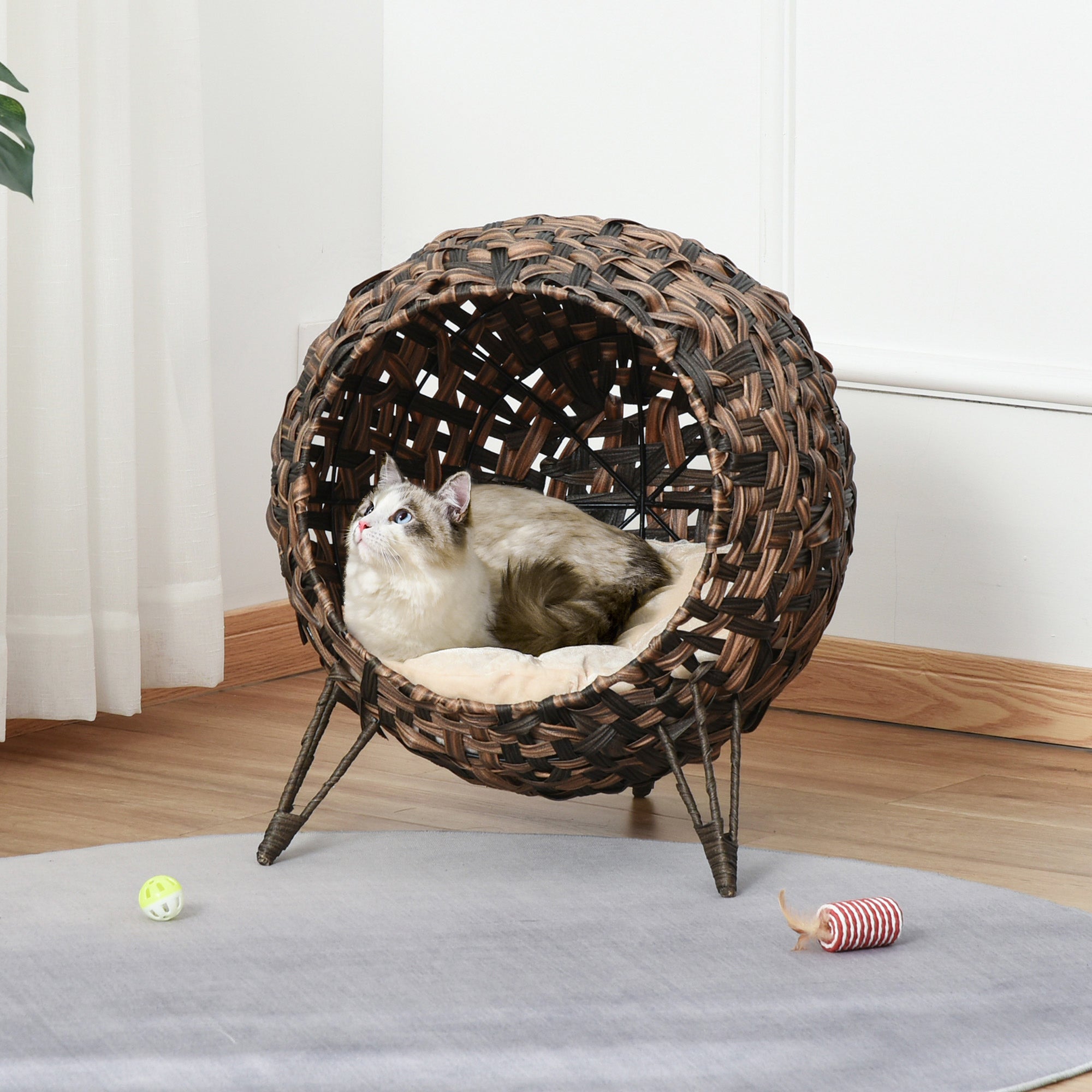 20,5-Zoll Hochgezogenes Geflochtenes Katzenbett mit Kissen, Braun