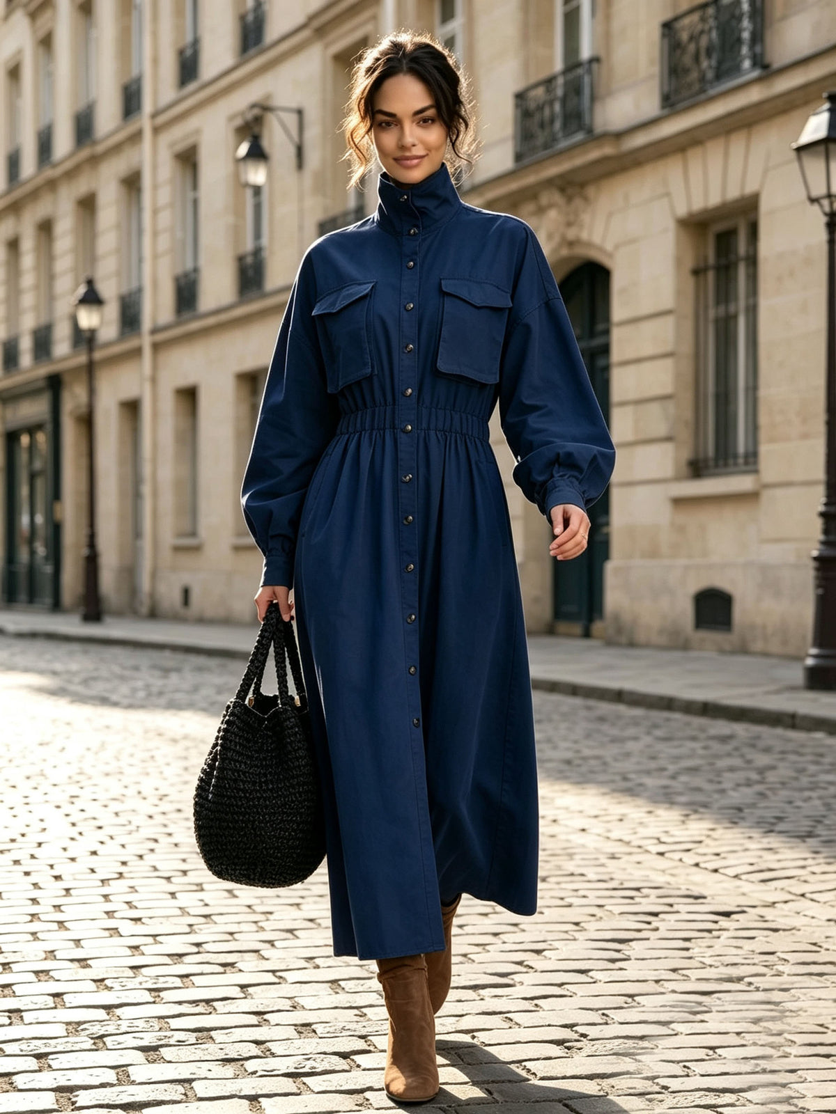 Stehkragen-Knopfkleid mit Patchwork, A-Linie | LuxeStyle